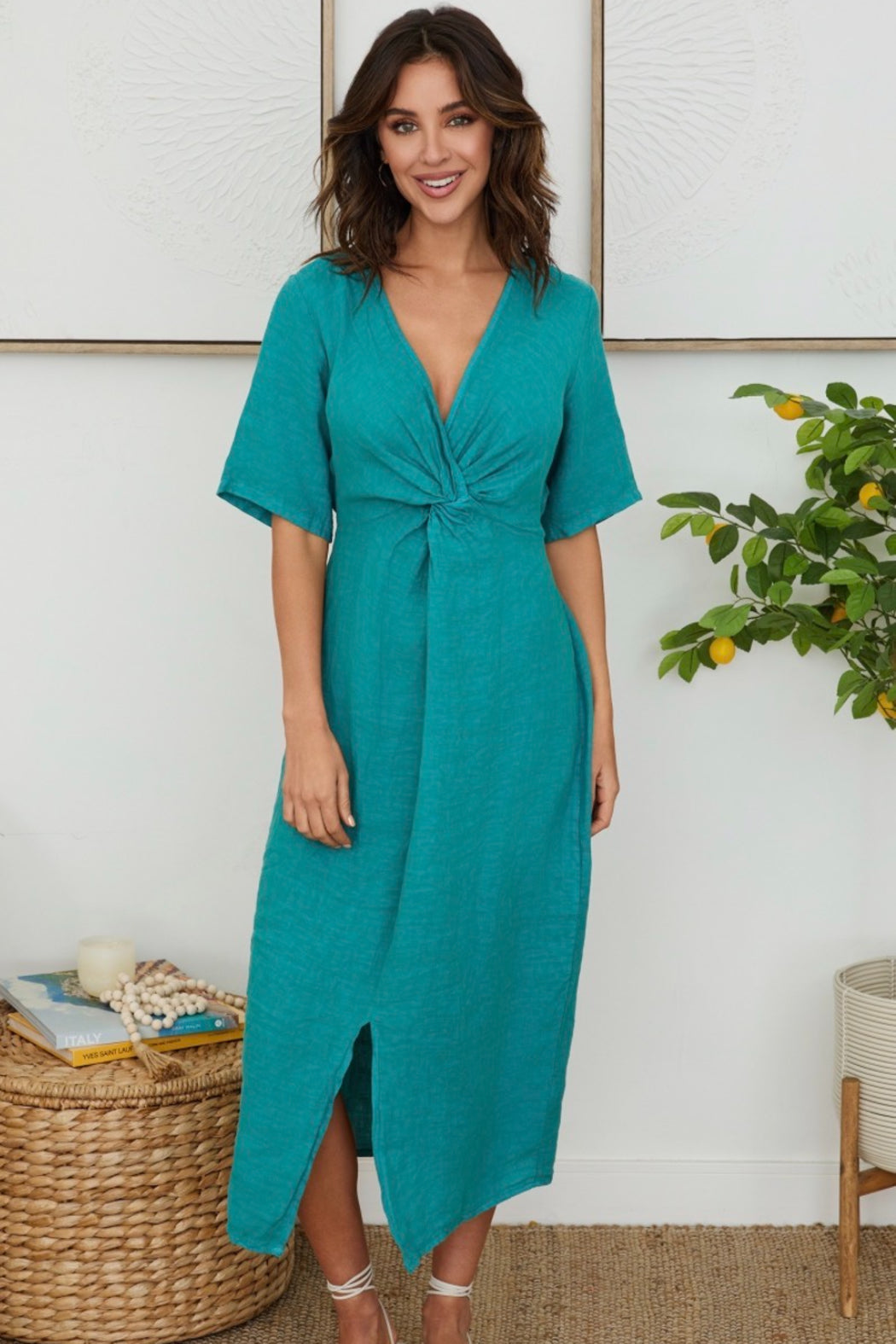 Milio Milano Front Twist Short Sleeve Linen Dress with Front Slit - Capri