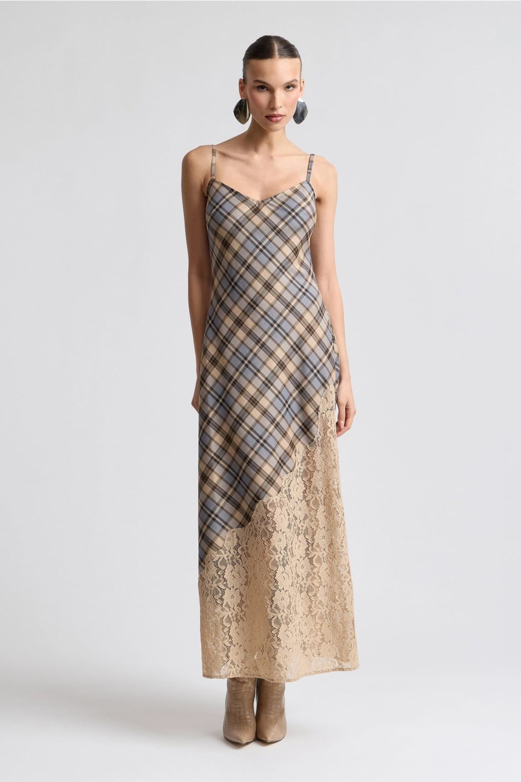 Avec Les Filles Lace Insert Plaid Maxi Dress