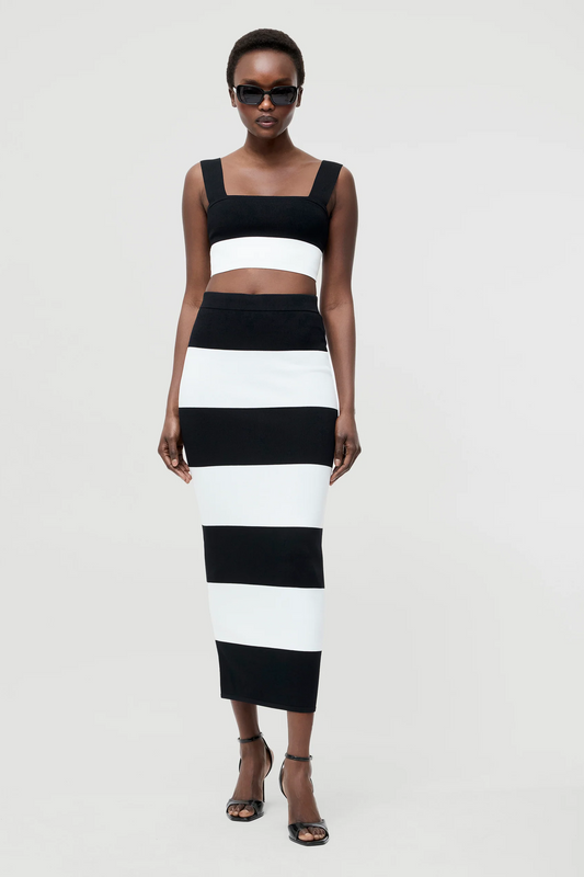 Bodycon Knit Top- Black/ Summer White Stripe