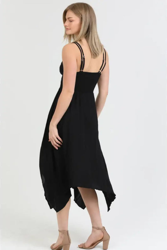 Black V Neck Double Straps Hanky Hem Lace Insert Midi Dress
