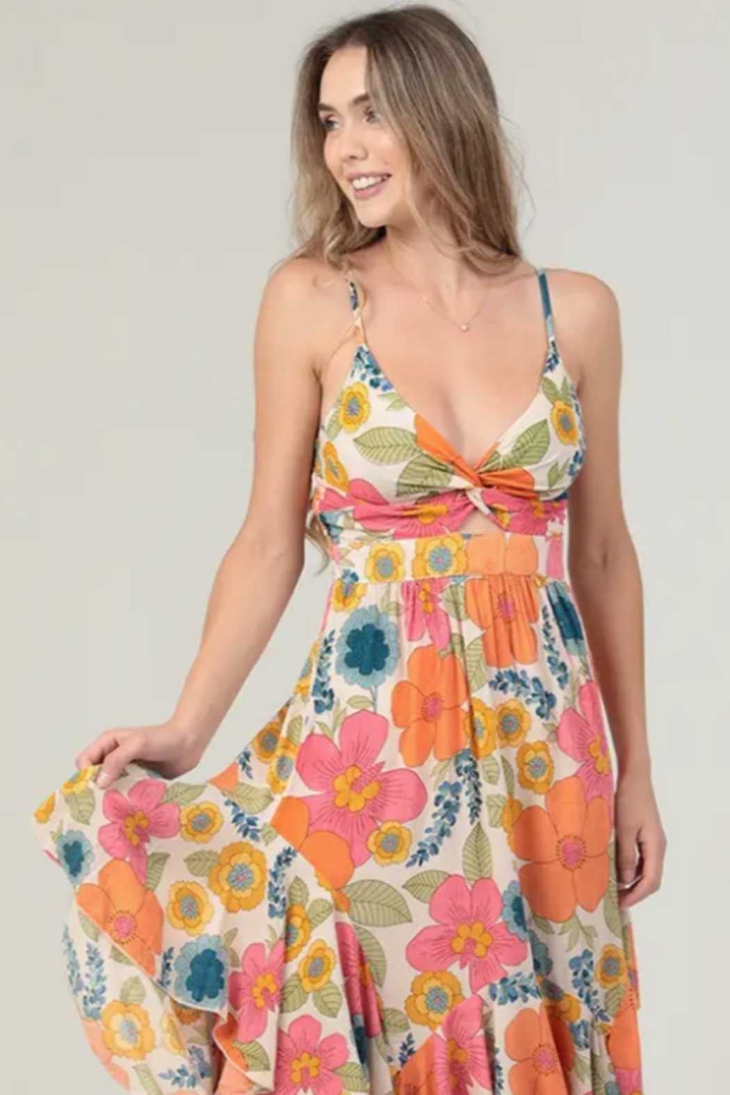 Boho Twist-Front Midi Dress with Flouncy Hem