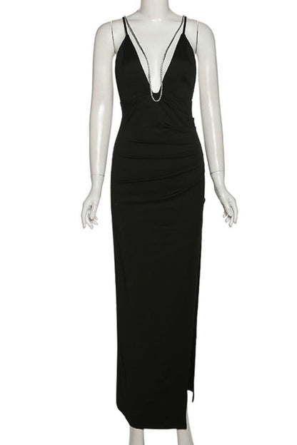 Black Dress Backless Dress Deep V High Leg Slit Long Formal Dress Evening Dress