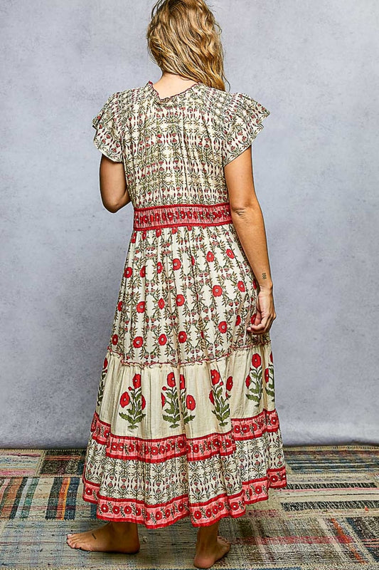 Lightweight Floral Ruffle Sleeve Tassel Tie Maxi Dress