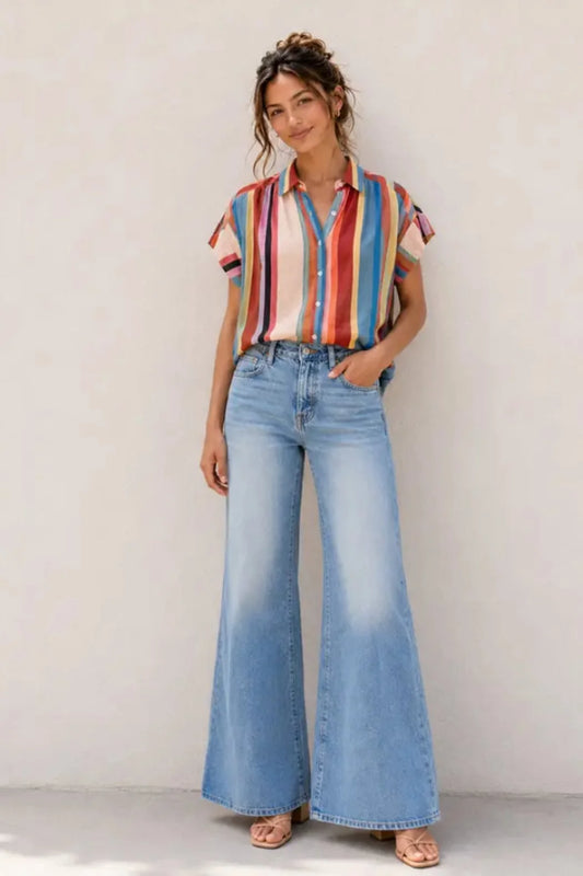 Multi Stripe Tencel Blend Button-Up Blouse