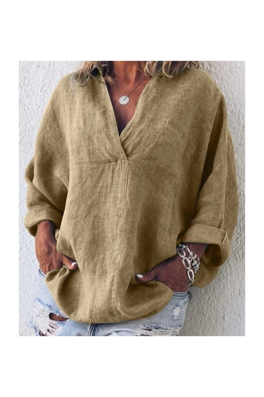 Solid Color Loose V Neck Long Sleeve Shirt