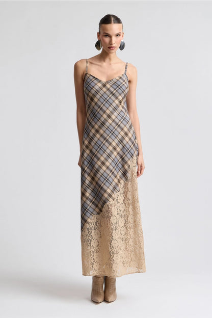 Avec Les Filles Lace Insert Plaid Maxi Dress