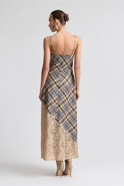 Avec Les Filles Lace Insert Plaid Maxi Dress