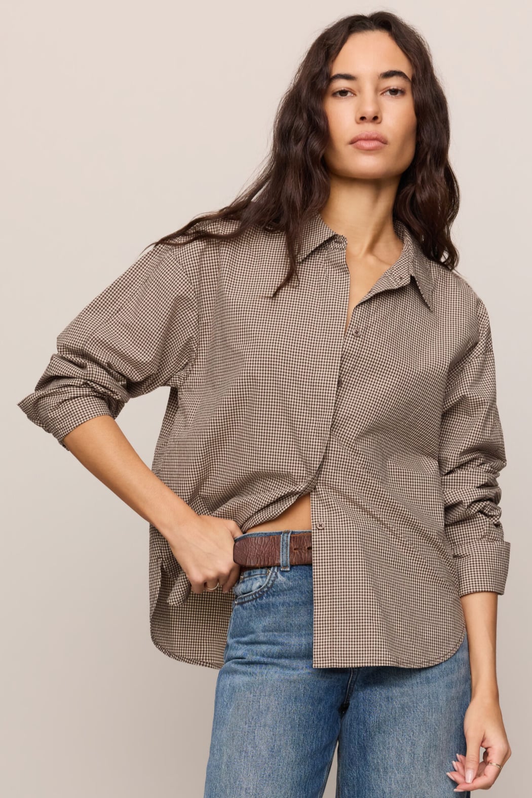 Z Supply On Duty Gingham Button Up Top in Dark Chocolate