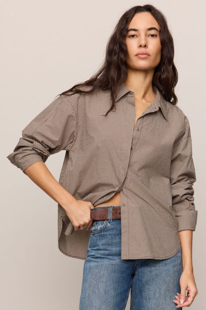 Z Supply On Duty Gingham Button Up Top in Dark Chocolate
